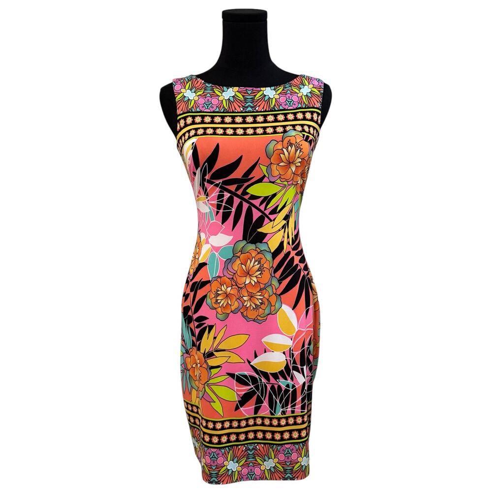 Cache Sleeveless Mini Dress Sheath Floral Pattern Print Y2K Colorful Pink Size 2